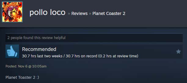 Screenshot showing Steam user reviews of Planet Coaster 2.